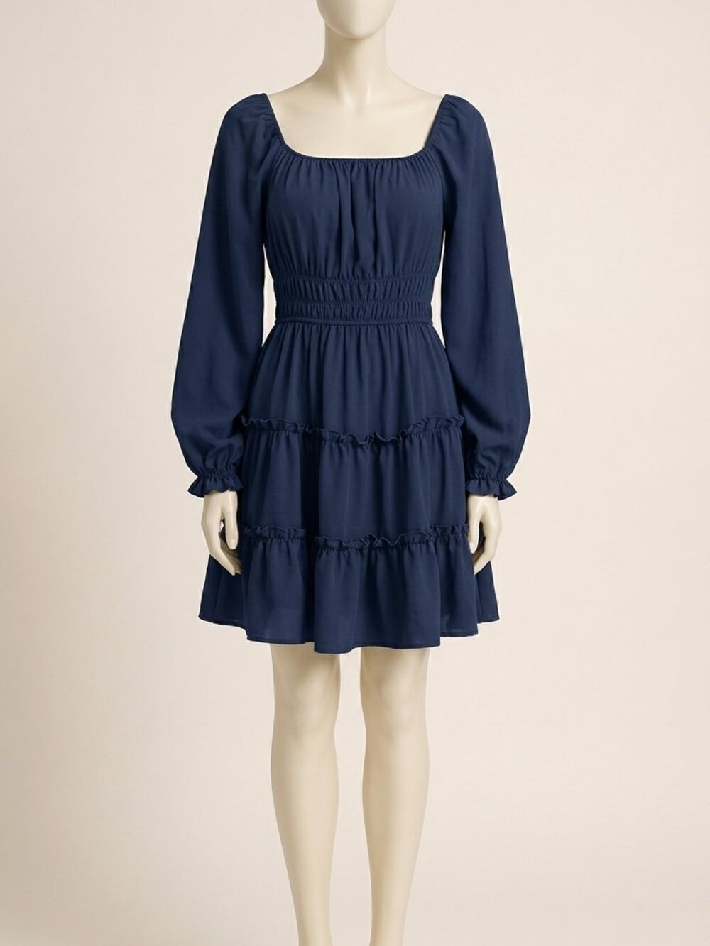 Chicovar Navy Blue Square Neck Boho Mini Dress Lantern Sleeve Size L New